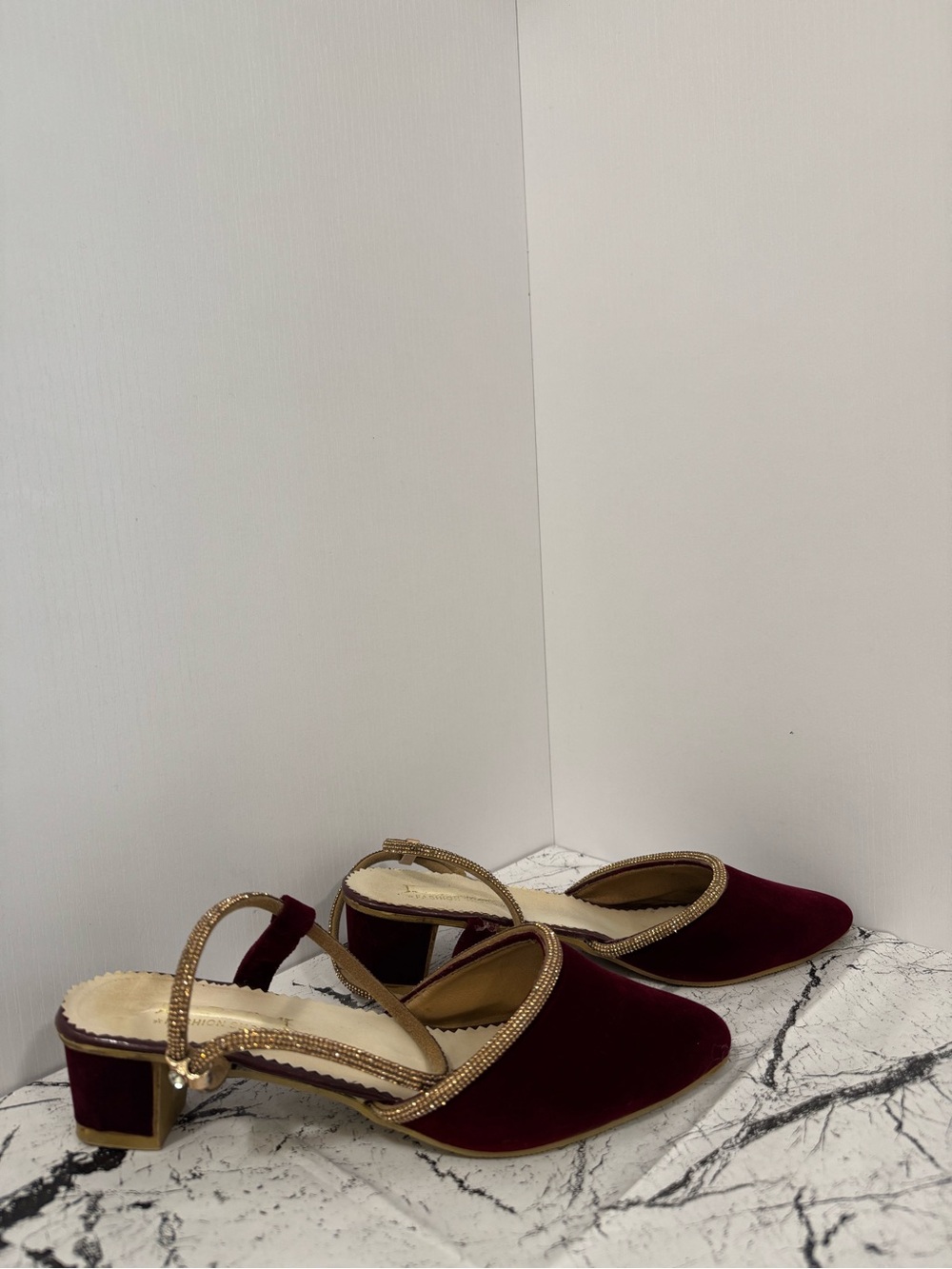 Burgundy Velvet Rhinestone Strap Flats Sz 39